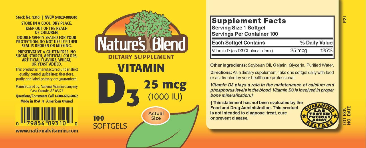 Nature's Blend Vitamin D3 25 MCG (1000 IU) Easy-to-Swallow, 100 SOFTGELS