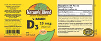 Thumbnail for Nature's Blend Vitamin D3 25 MCG (1000 IU) Easy-to-Swallow, 100 SOFTGELS