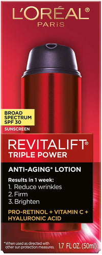 Thumbnail for L'Oreal Paris Revitalift Triple Power Anti-Aging Broad Spectrum SPF 30 Sunscreen, Pro Retinol, Hyaluronic Acid & Vitamin C Lotion, Reduces Wrinkles 1.7 Oz