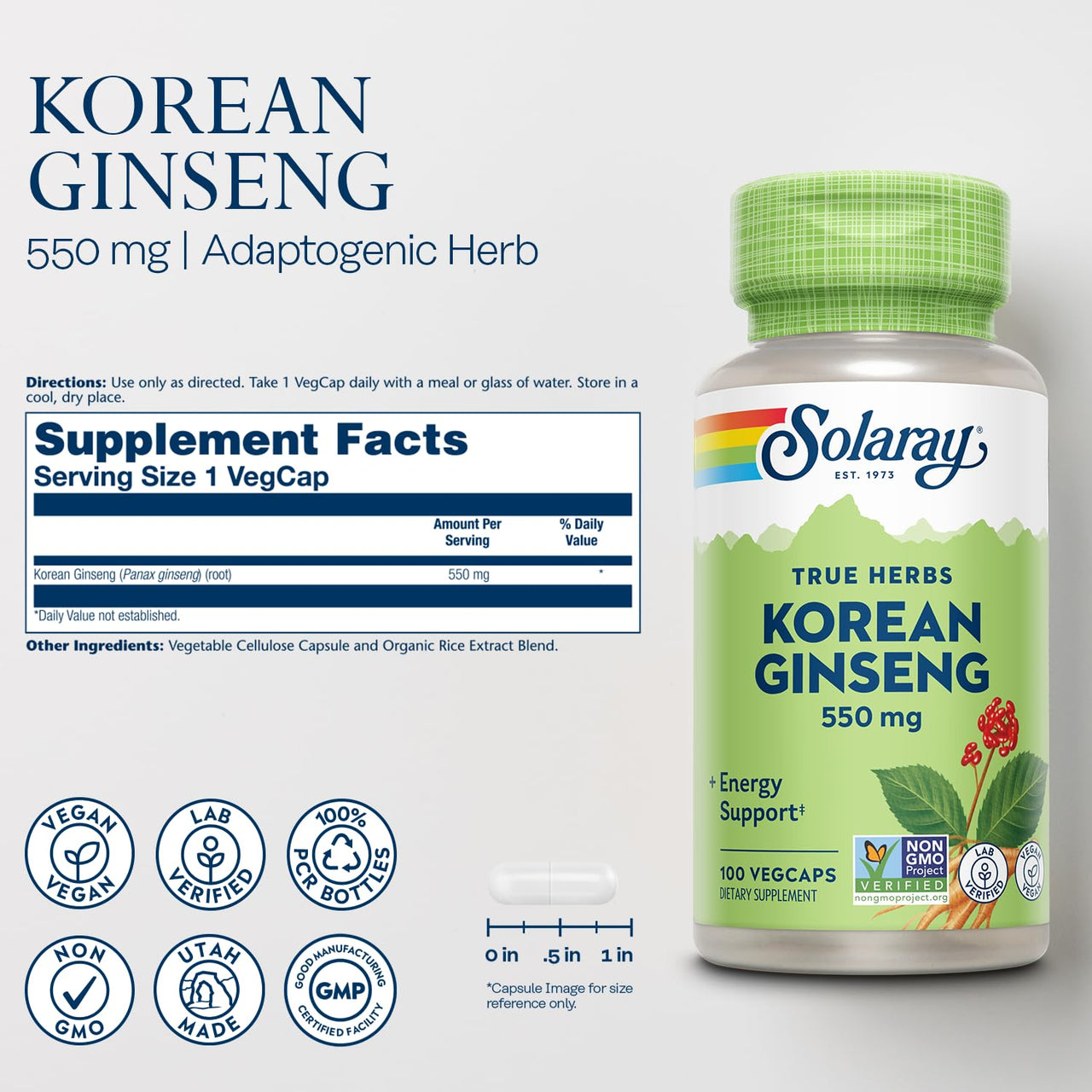 SOLARAY Korean Ginseng 550 mg - Ginseng Root - Stress, Physical Endurance and Energy Supplements - Non-GMO, Vegan, Lab Verified - 100 Servings, 100 VegCaps