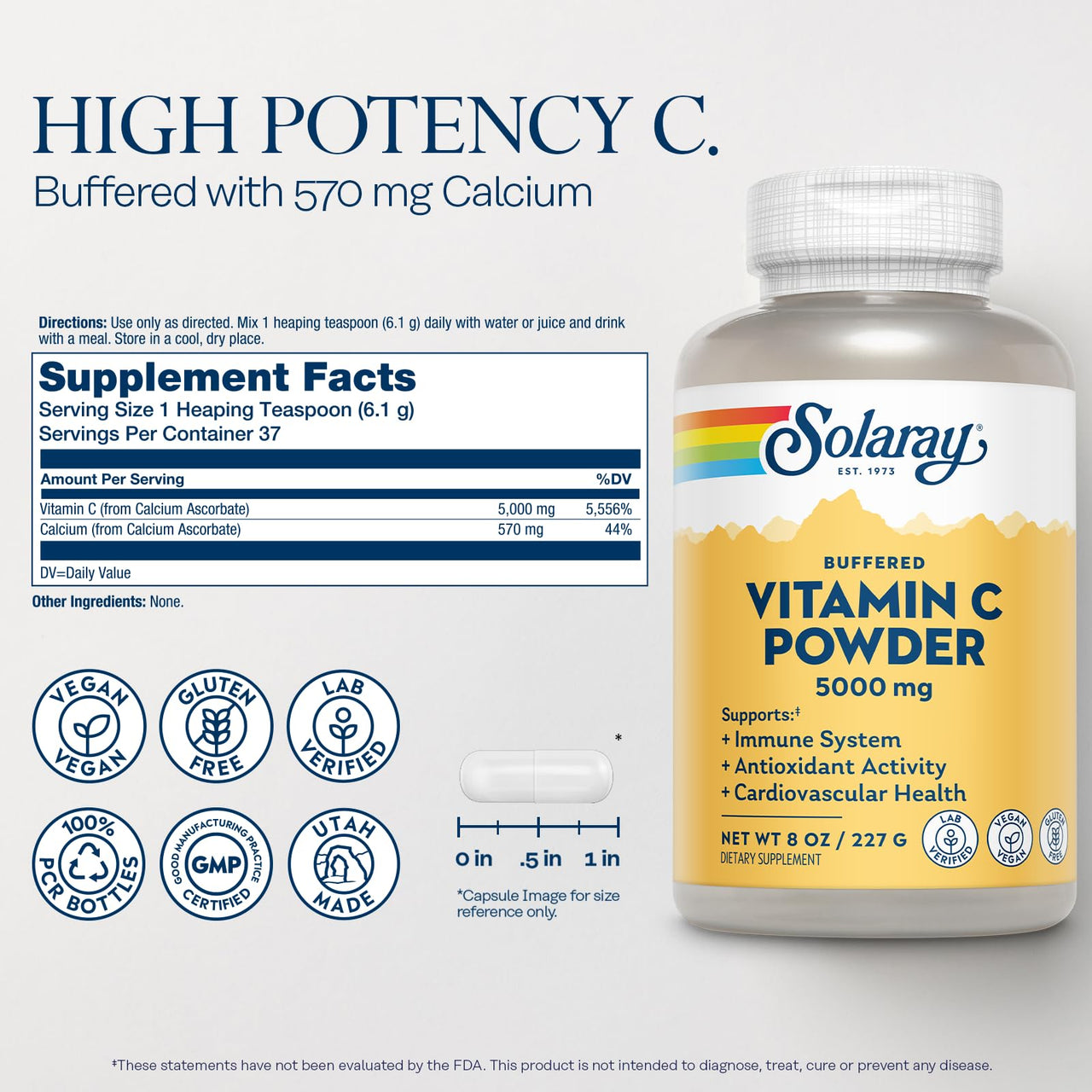 Solaray Vitamin C Ascorbic Acid Powder 5000mg - Powdered Vitamin C Supplement for Men & Women, Immune & Skin Support, Natural Antioxidant, Mix in Water, Juice, or Smoothie, Vegan - 8 oz