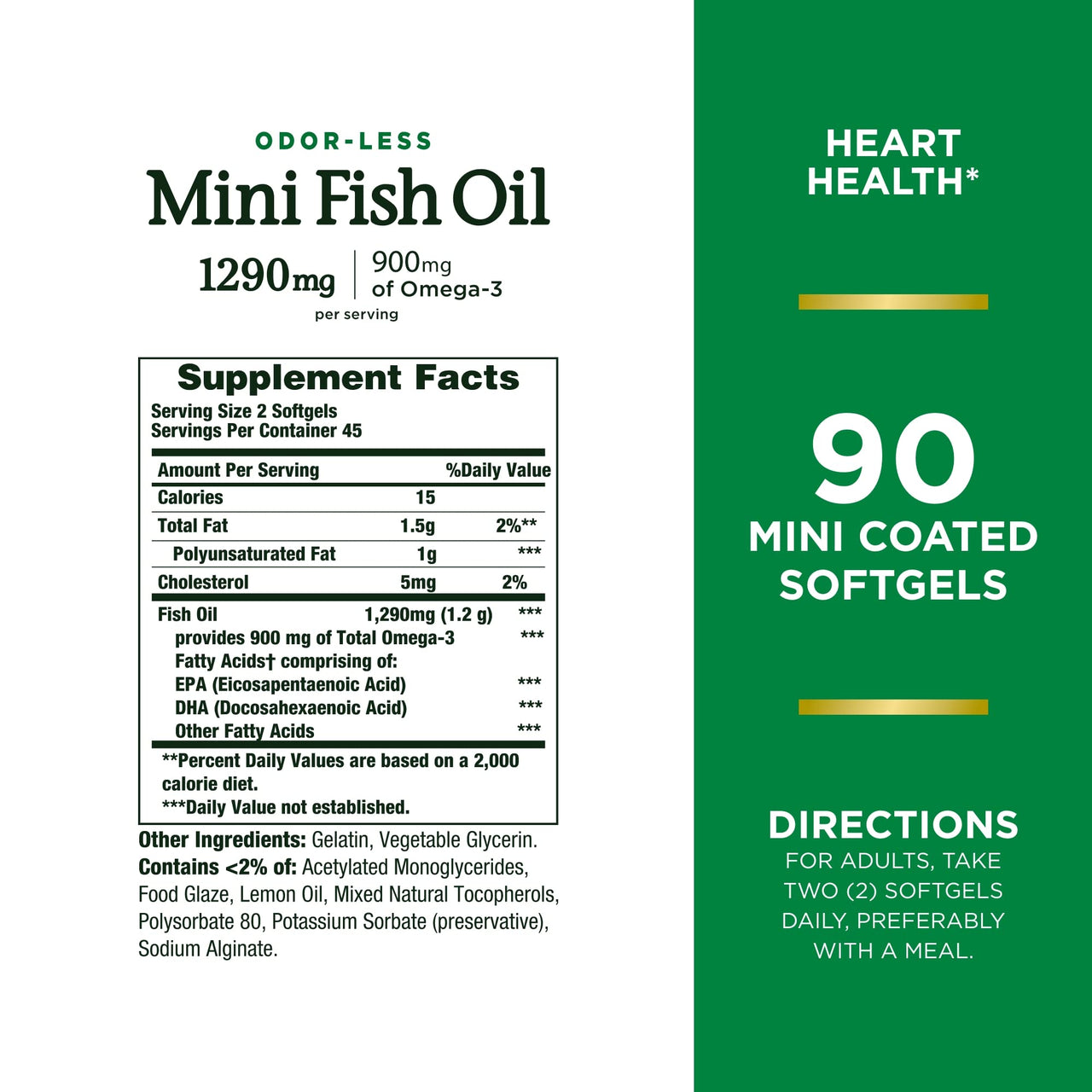 Nature's Bounty Mini Fish Oil Softgels, Burpless Fish Oil Omega 3 Supplements, Supports Heart Health, 90 Softgels (Pack of 1)