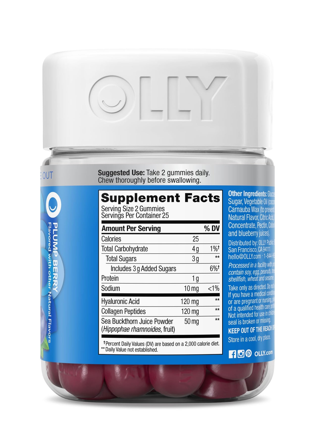 OLLY Glowing Skin Gummy, Hydrated & Youthful Skin,* Hyaluronic Acid, Collagen Peptides, Sea Buckthorn, Plump Berry Flavor, 25 Day Supply - 50 Count