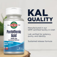 Thumbnail for KAL Pantothenic Acid 1000mg, Sustained Release Vitamin B5 - Energy Supplements - Supports Metabolism of Carbs, Fat and Protein, Hair and Skin Health, Vegan, 60-Day Guarantee, 50 Servings, 50 Tablets