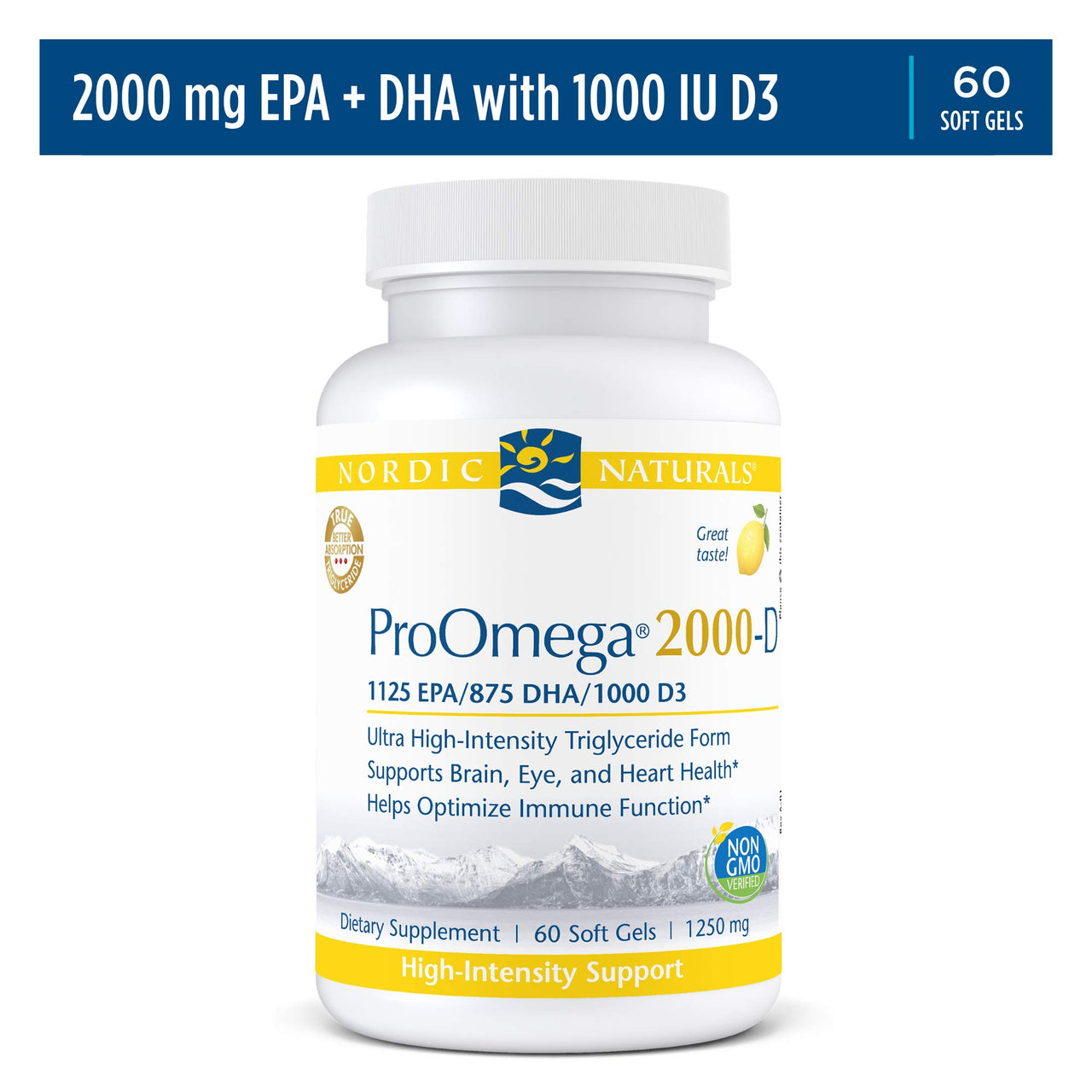 Nordic Naturals ProOmega 2000-D - Fish Oil, 1125 mg EPA, 875 mg DHA, 1000 IU Vitamin D3, Cardiovascular, Neurological, Eye, and Immune Health, Lemon Flavor, 60 Soft Gels