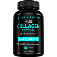 Thumbnail for Vital Vitamins Multi Collagen Capsules - Type I, II, III, V, X - Grass-Fed, Collagen Peptides Supplements, Non-GMO - for Men & Women - 150 Count