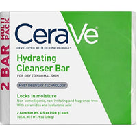 Thumbnail for CeraVe Hydrating Cleanser Bar, Soap-Free Body and Facial Cleanser with 5% Moisturizing Cream, Fragrance-Free, 2-Pack, 4.5 Ounce Each