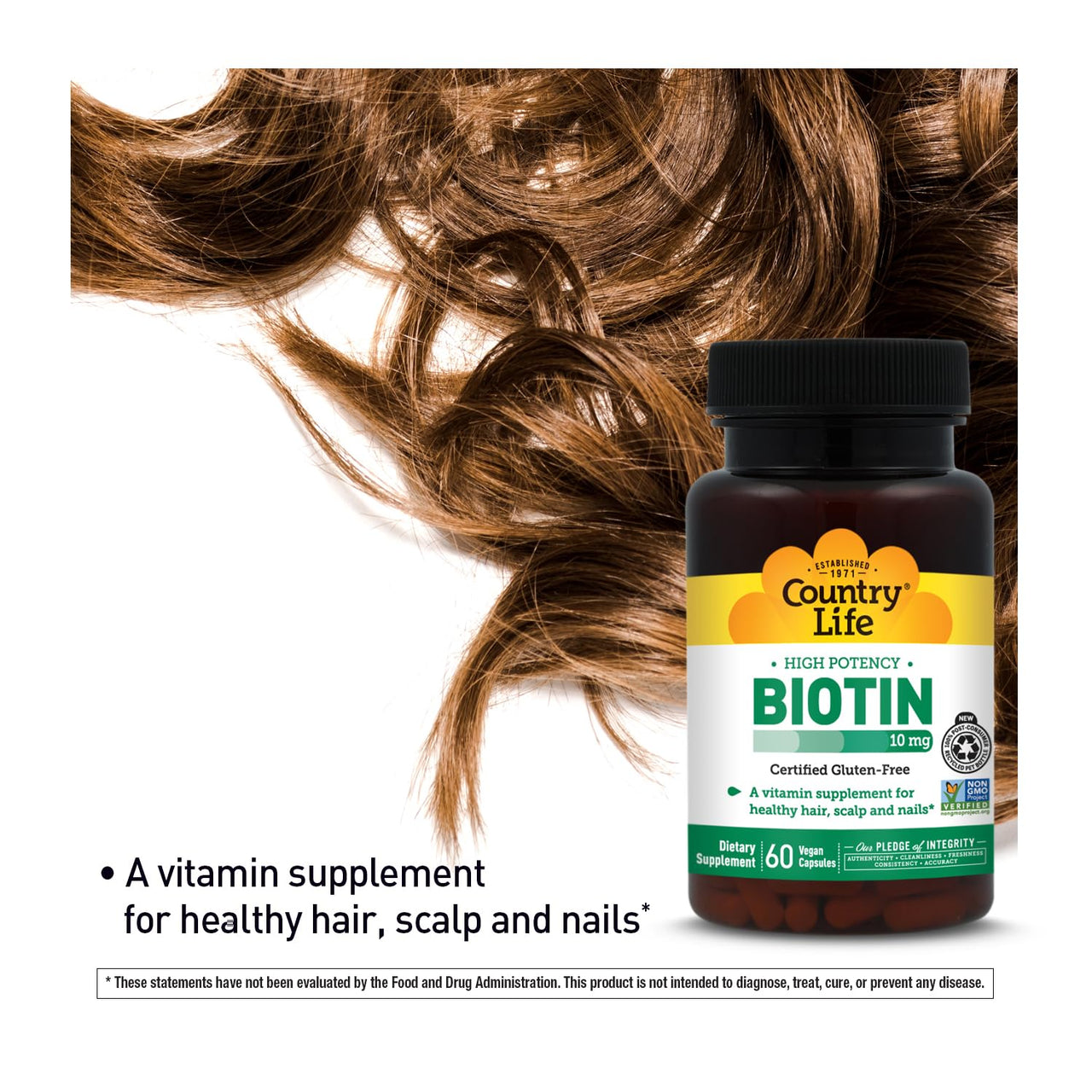 Country Life Vitamins High Potency Biotin 10,000 mcg (10 mg), 60 Count - Supplement for Hair, Scalp & Nails - Certified Gluten Free