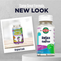 Thumbnail for KAL Relax-a-Saurus, Stress Support Supplement for Kids, L-Theanine for Children with Herbal Stress Relief & Relaxation & Blend, Delicious Natural Grape Flavor, 60-Day Guarantee, 30 Chewables