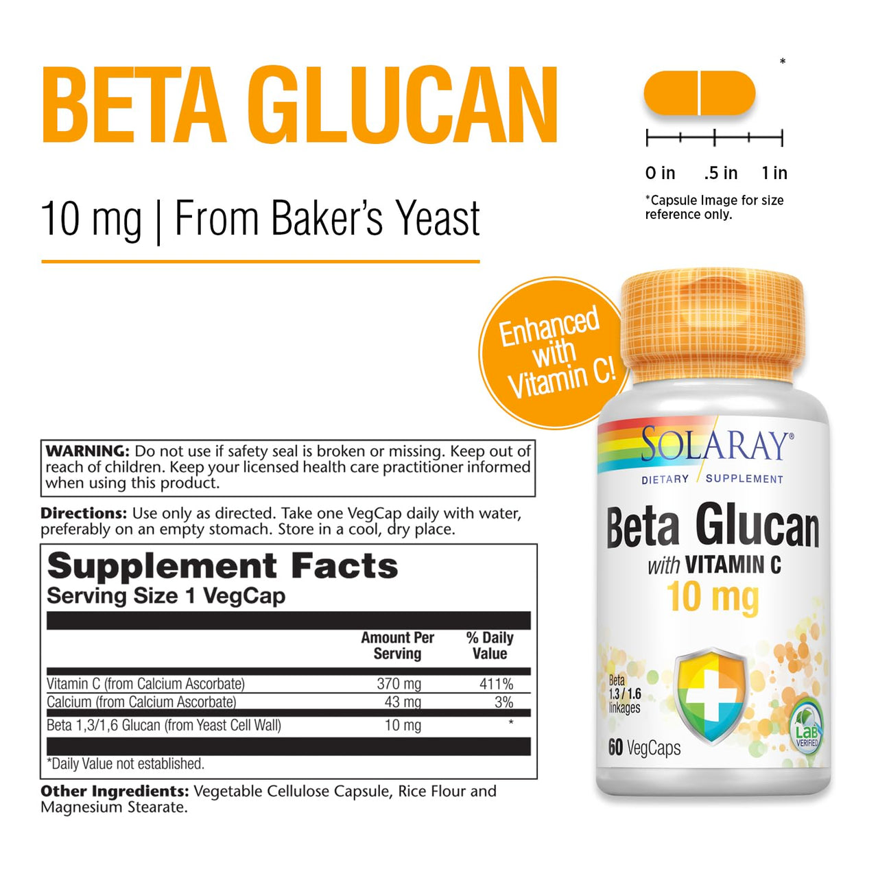 SOLARAY Beta Glucan with Vitamin C 10 mg | from Bakers Yeast | Healthy Immune System Function Support | 60 VegCaps