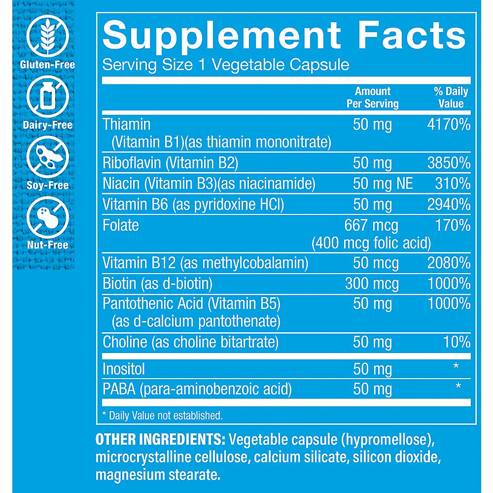 The Vitamin Shoppe B-Complex 50 – Supports Energy Production, Nervous System Function & Nutrient Metabolism – Excellent Source of B1, B2, B6, B12, Niacin, Folic Acid & Biotin (300 Veggie Caps)