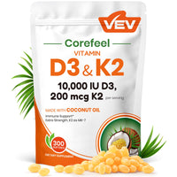 Thumbnail for VEV Corefeel Vitamin D3 K2 10,000 IU, 200 mcg MK-7, 300 Coconut Oil Softgels, 2 in 1 Vitamins Supplement D & K (Include MK7), Easy to Swallow, Supports Calcium Absorption, Bone Health