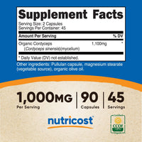 Thumbnail for Nutricost Cordyceps Mushroom Capsules 1100mg, 45 Serv - CCOF Certified Made with Organic, Vegetarian, Gluten Free, 550mg Per Capsule (90 Capsules)