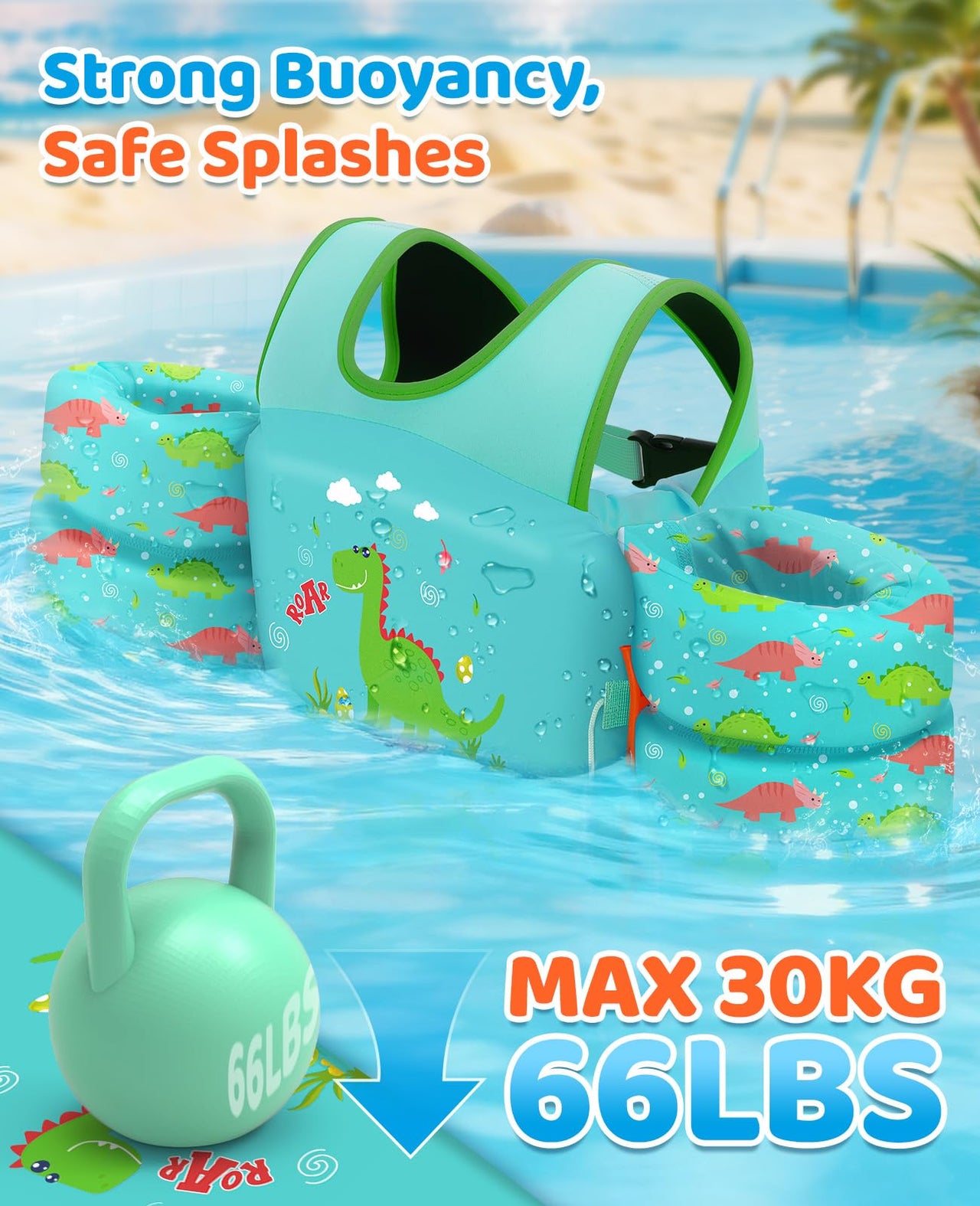 HeySplash Swim Vest for Kids, Toddler Pool Floaties Fit 33-66 Lbs, Children Swimming Vest with Adjustable Strap, Swim Jacket Water Wing Arm Float, Puddle Beach Boat Jumper Boy Girl,Dinosaur