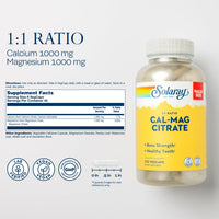 Thumbnail for Solaray Calcium Magnesium Citrate 1000mg 1:1 Ratio, Bone Strength Supplement, Muscle, Nerve and Bone Health Support, Chelated for High Absorption, 60-Day Guarantee, 45 Servings, 270 VegCaps