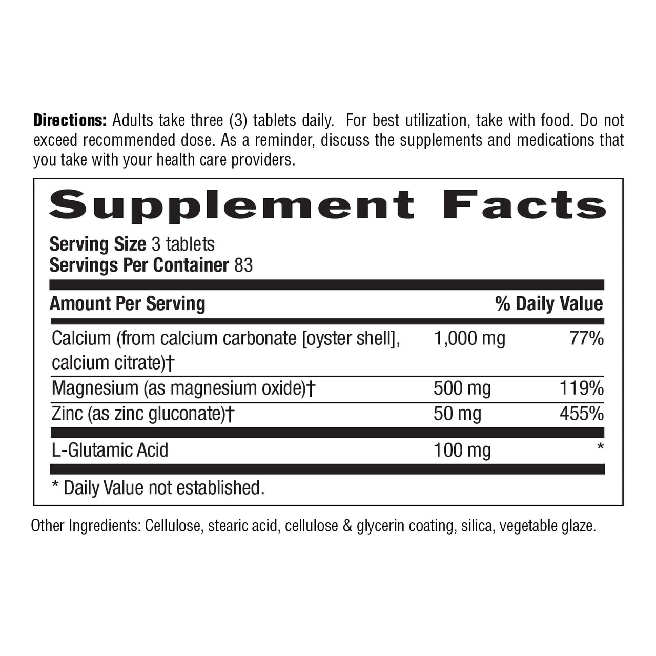 Country Life Calcium Magnesium Zinc with L-Glutamic Acid, Dietary Supplement for Bone Support, Certified Gluten Free , 1000mg/500mg/50mg, 250 Tablets