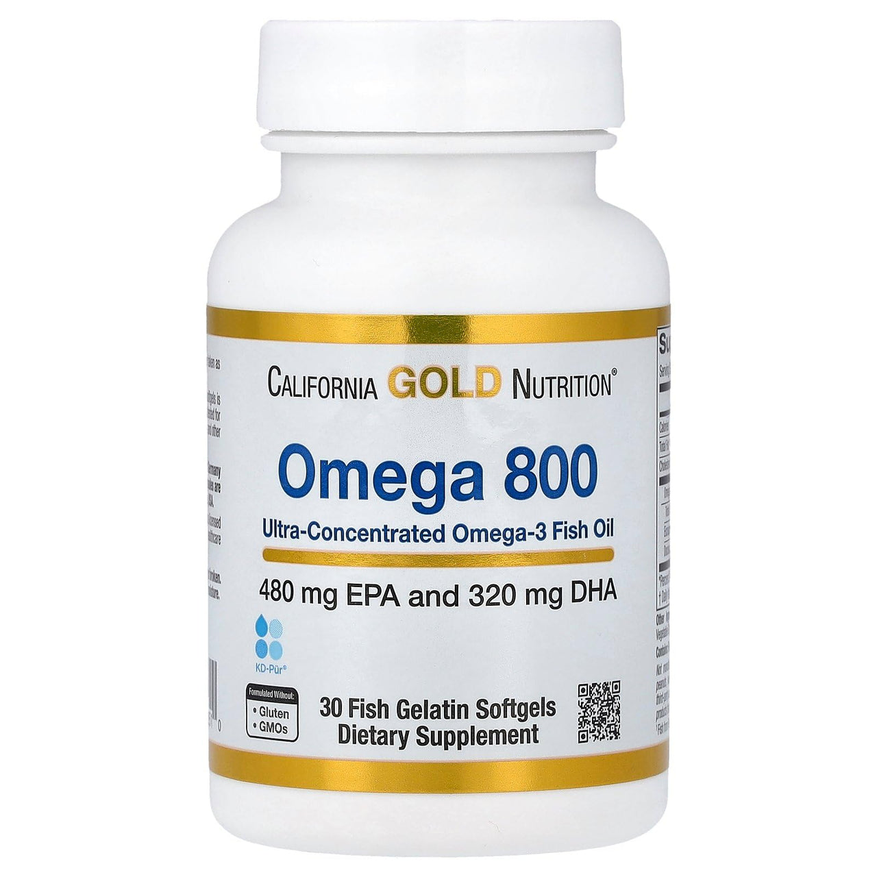 Madre Labs California Gold Nutrition Omega 800 Ultra-Concentrated Omega-3 Fish Oil, kd-pur Triglyceride Form, 1,000 mg, 30 Fish Gelatin Softgels