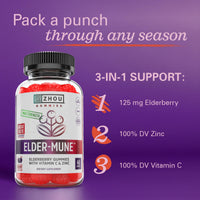 Thumbnail for Zhou Elder-Mune Elderberry Gummies with Vitamin C and Zinc - Daily Immune Support Supplement for Women & Men, Chewable Natural Black Elderberry for Adults & Children 4 & Up - 60 Gummies