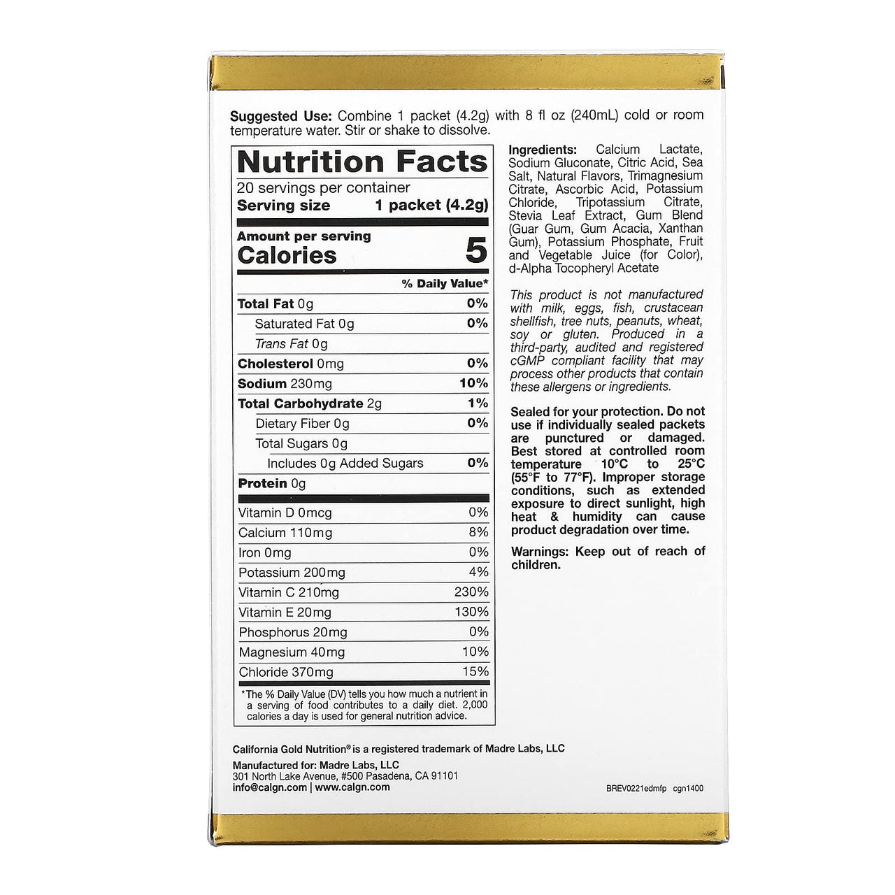 California Gold Nutrition HydrationUP, Electrolyte Drink Mix, Fruit Punch, 20 Packets, 0.15 oz (4.2 g) Each