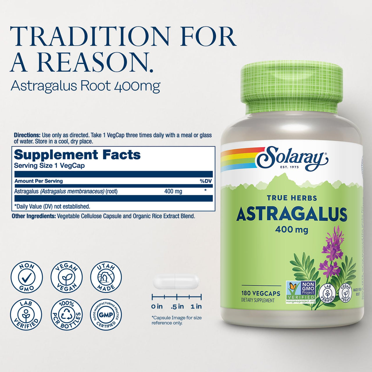 SOLARAY Astragalus Root 400mg â€“ Traditional Herbal Support - Non-GMO, Vegan & Lab Verified - 180 Servings, 180 VegCaps