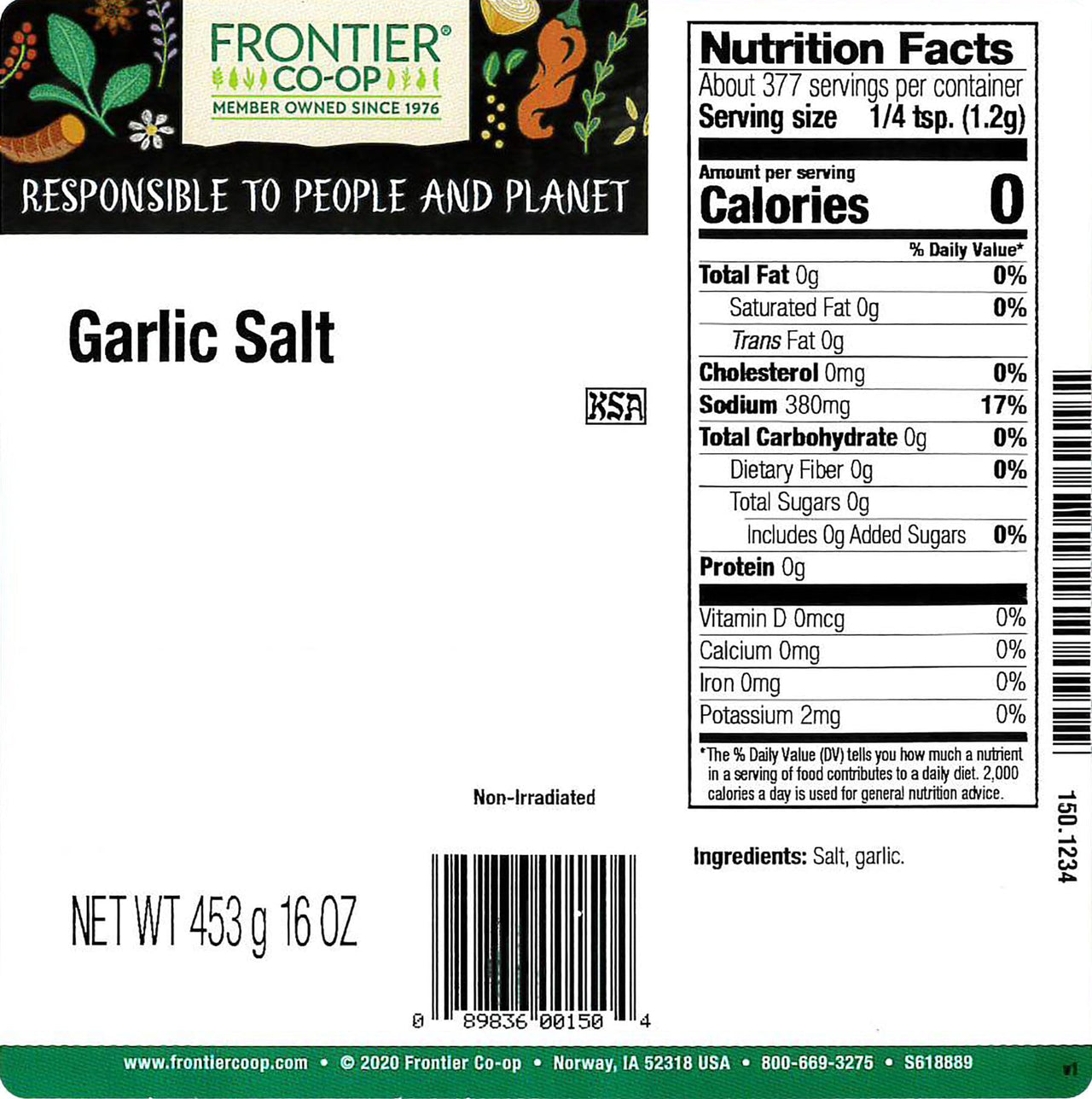 Frontier Co-op Garlic Salt with Parsley, 1lb Bulk Bag - Coarse Grind, Natural Garlic Salt Seasoning for Meat, Vegetables, Soups and More, Kosher