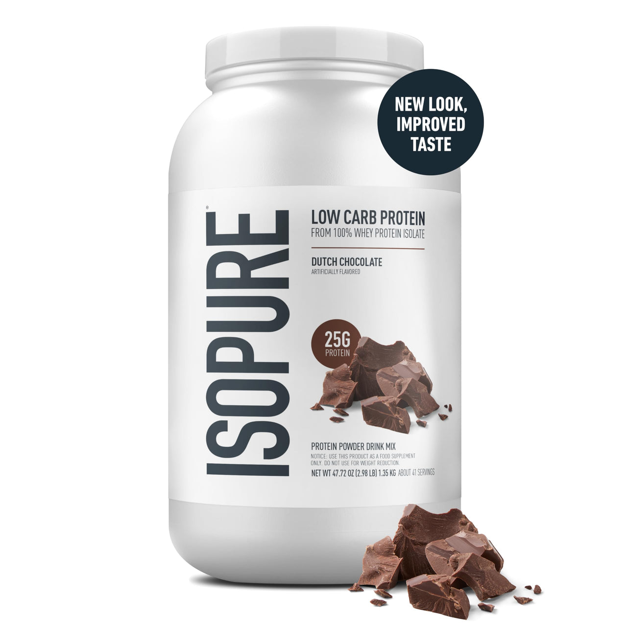 Isopure Low Carb 100% Pure Whey Isolate Protein Powder, Gluten Free, With Vitamins, Dutch Chocolate, 25g Protein Per Serving, 3.07 Lbs, 41 Servings (Packaging May Vary)