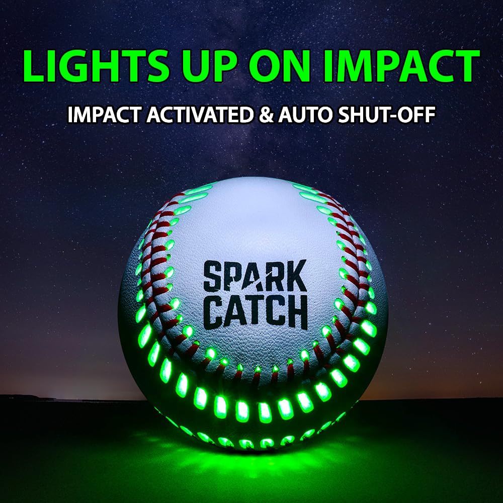 SPARK CATCH Light Up Baseball, Glow in The Dark Baseball, Sports Gear Accessories Gifts for Boys 8 9 10 11 12 13 14 15 Years Old, Kids Teens All Ages Gift Ideas (Impact-Activated version) (Neon Green)
