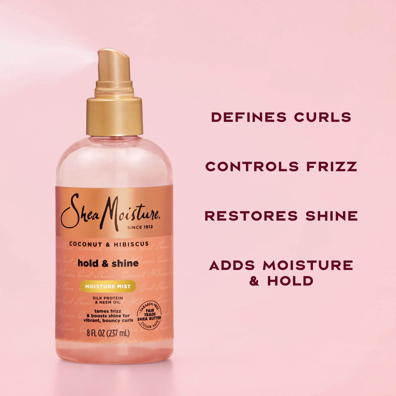 SheaMoisture Hold and Shine Moisture Mist Coconut and Hibiscus for Thick, Curly Hair for Frizz Control 8 fl oz