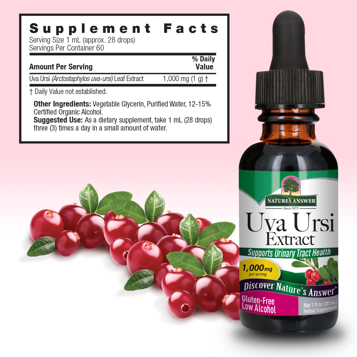 Nature's Answer Uva Ursi Leaf Liquid Drops with Organic Alcohol, 1000mg, 1-Fluid Ounce | Urinary Tract Support | Supports Nephrotic System Function | Vegan, Non-GMO | Single Count