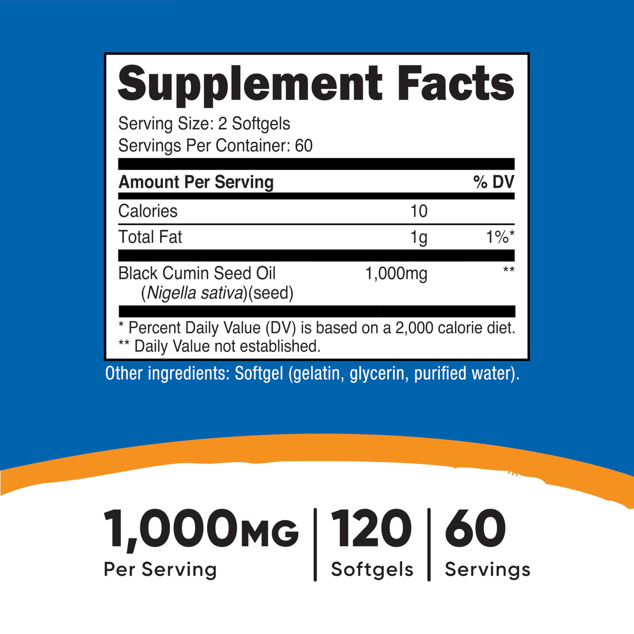 Nutricost Black Seed Oil (Cumin) - Cold Pressed, Source of Omega 3 6 9-120 Softgels, 1000mg Per Serving, 60 Servings - Non-GMO and Gluten Free