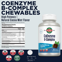 Thumbnail for KAL CoEnzyme Vitamin B Complex, Chewable B Vitamins for Healthy Energy, Red Blood Cell and Nerve Function Support w/Vitamin B12, B6, Folic Acid, Natural Cocoa Mint, Vegan, Sugar Free, 30 Serv, 60ct