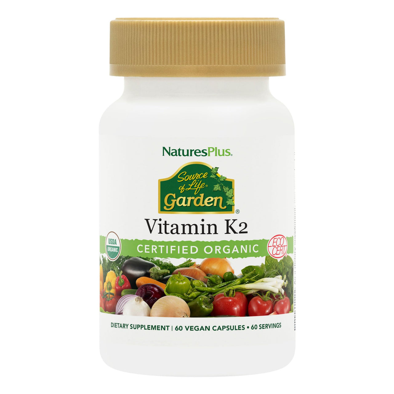 NaturesPlus Source of Life Garden Vitamin K2 - 60 Capsules - Supports Healthy Bones - USDA Certified Organic, Non-GMO, Vegan, Gluten Free - 60 Servings