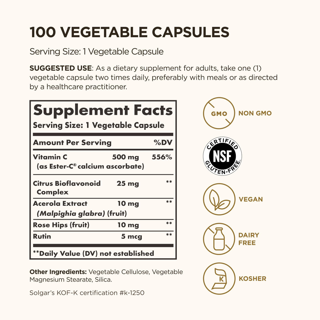 Solgar Ester-C Plus 500 mg Vitamin C (Ascorbate Complex), 100 Vegetable Capsules - Gentle & Non Acidic - Antioxidant & Immune Support - Non GMO, Vegan, Gluten-Free, Kosher - 100 Servings