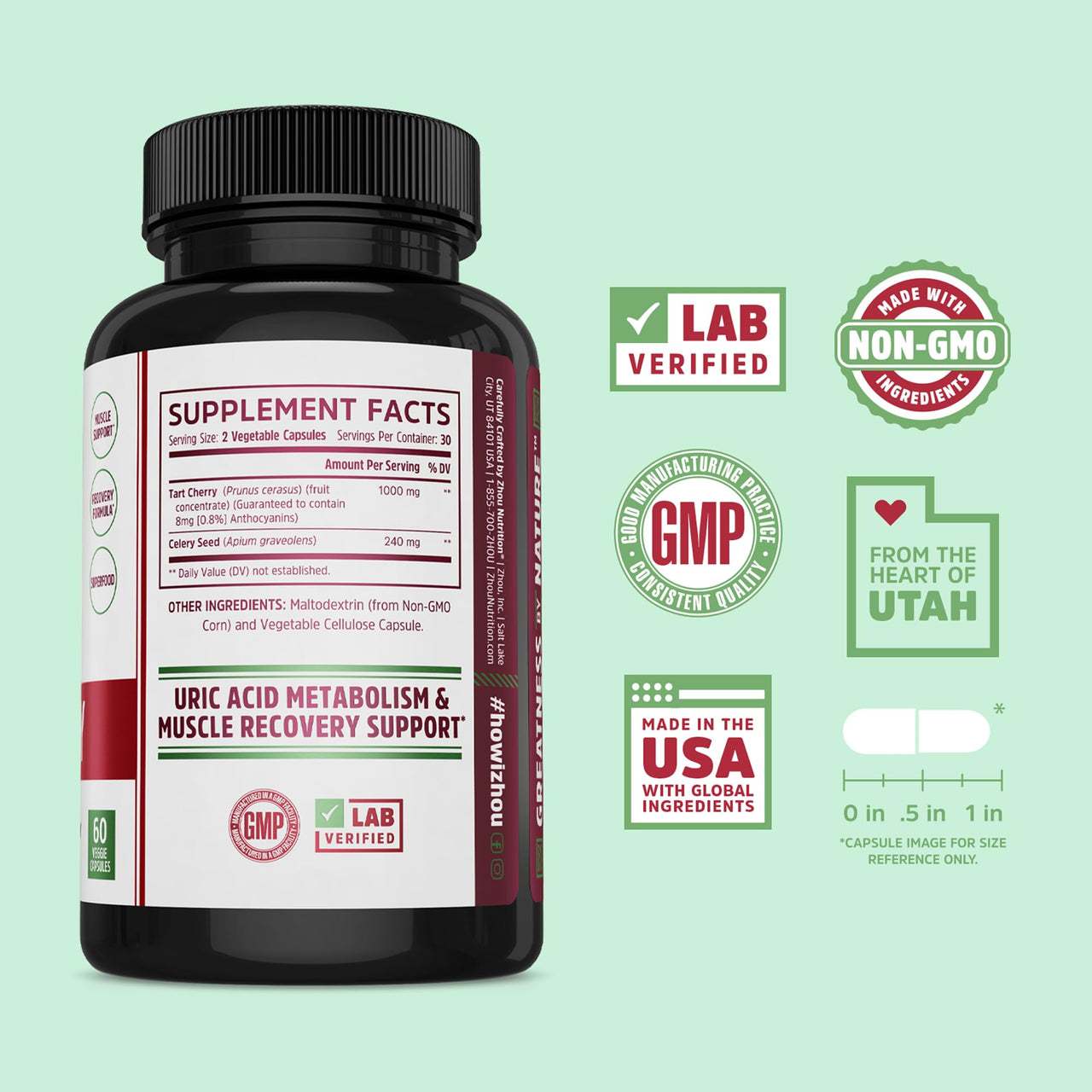 Zhou Tart Cherry Extract Plus Celery Seed - Tart Cherry Capsules for Men & Women, Muscle Recovery and Uric Acid Metabolism Support - 1000 mg Per Pill - 30 Servings, 60 Veggie Capsules (Pack of 1)