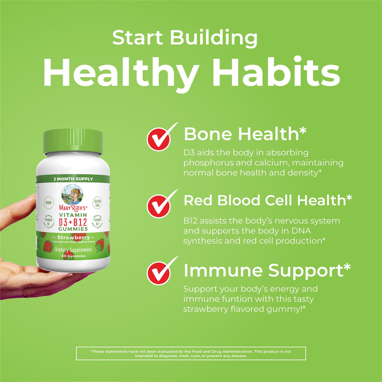 MaryRuth Organics Vegan Vitamin D3 + Vitamin B12 Gummies | 2 Month Supply | Supports Bone Health | Immune Support Supplement | Energy Supplements | Methyl B12 Vegan Non-GMO Gluten Free | 60 Servings