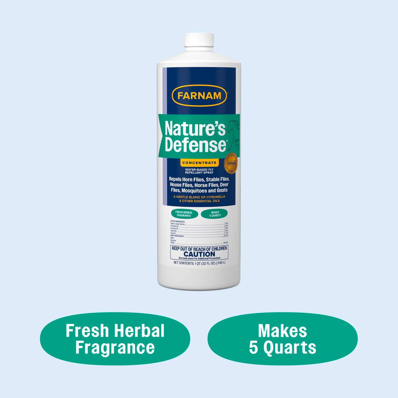 Farnam Nature’s Defense Concentrate, Water-Based Botanical Fly Repellent Spray for Horses, Ideal for Sensitive Skin, 32 oz