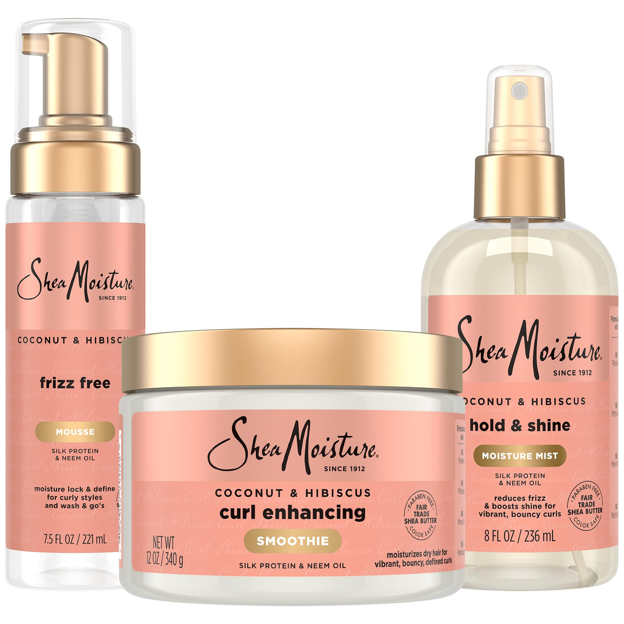 SheaMoisture Curl Care Bundle, Coconut & Hibiscus, Locks Enhancing Smoothie, Hold & Shine Moisture Mist, Frizz Free Mousse for Curly Hair, Wavy Styles, Natural