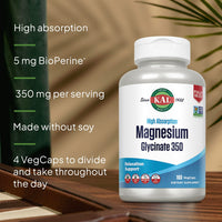 Thumbnail for KAL Magnesium Glycinate Capsules, Fully Chelated Magnesium Bisglycinate, High Absorption Magnesium Supplement, Healthy Bones, Muscle, Relaxation and Stress Support, Non-GMO 160 count