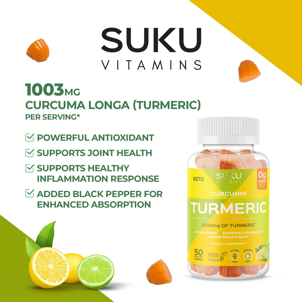 SUKU Turmeric Curcumin Sugar Free Gummies with 1003mg of Turmeric - Black Pepper Protects Liver, Improves Digestion, Inflammation Response & Joint Health – Lemon Lime Flavour (50 Gummies)