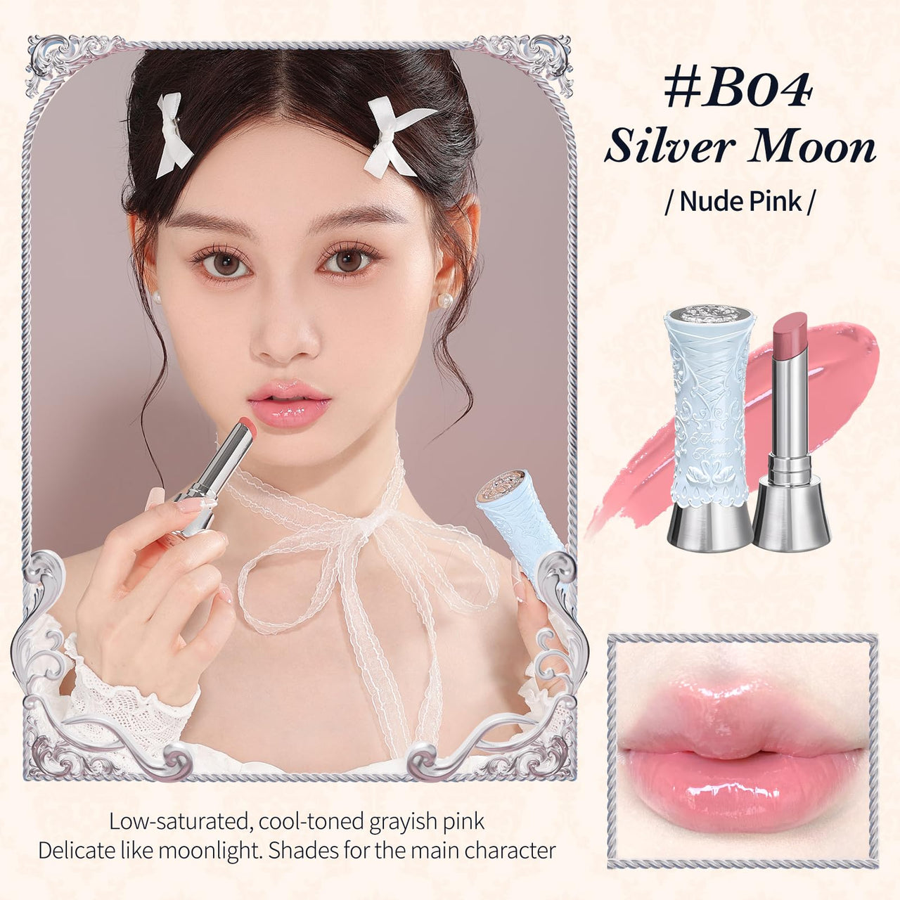 Flower Knows Swan Ballet Shine Lipstick,Hydrating Solid Lip Gloss,Moisturizing Pink Tinted Lip Balm-Long Lasting Lip Gloss in Balm for Girls&Women(B04 Silver Moon)