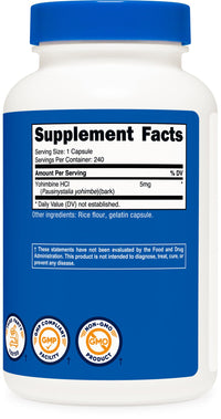Thumbnail for Nutricost Yohimbine HCl 5mg, 240 Capsules Extra Strength - Gluten Free, Non-GMO
