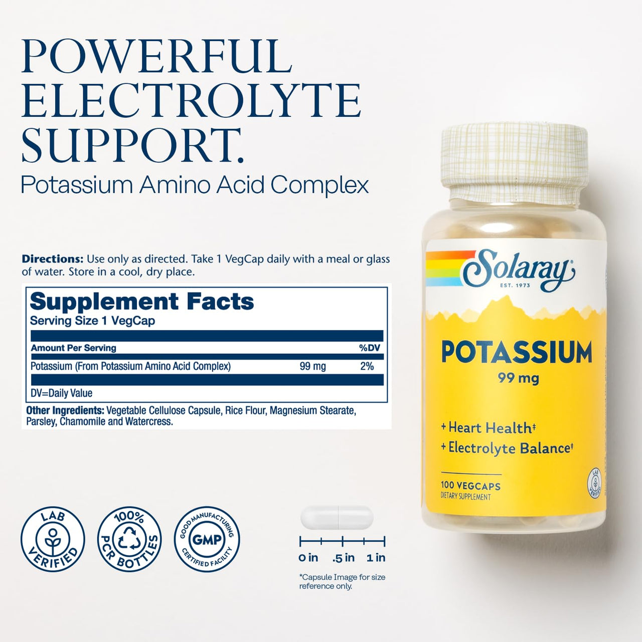 SOLARAY Potassium Supplement Capsules - 99 mg, Electrolyte Balance Formula for Women & Men, Potassium Supplement for Electrolytes, Heart Health Support, Lab Verified - 100 Vegetable Capsules