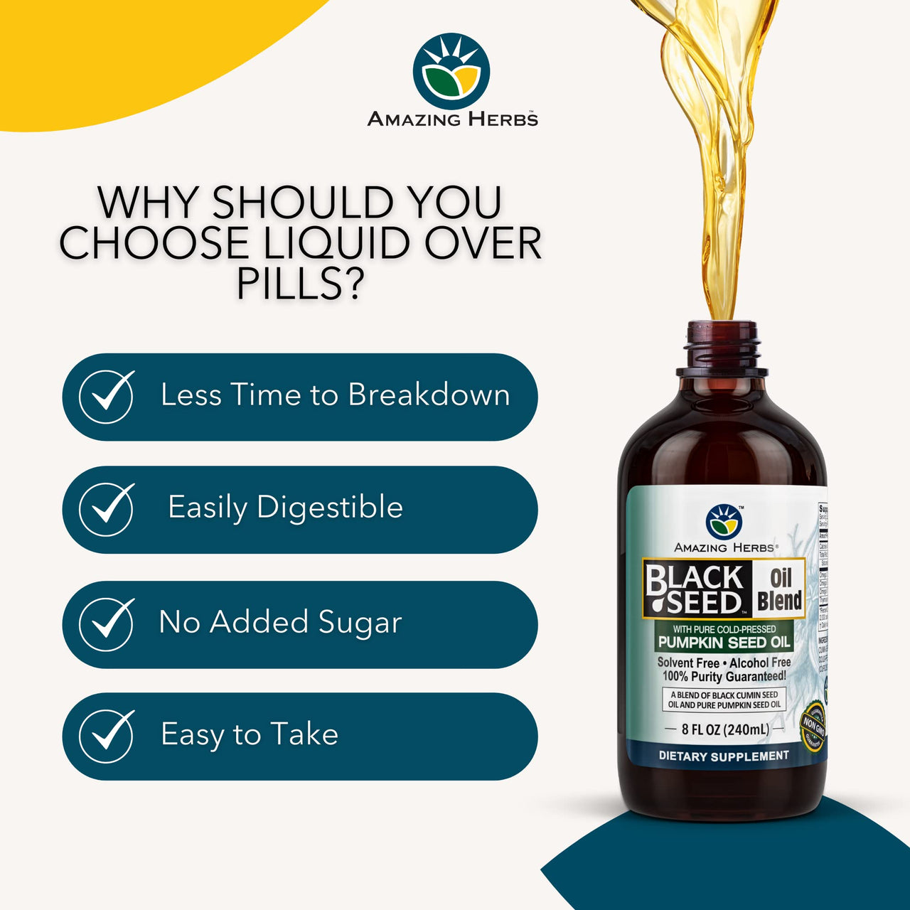 Amazing Herbs Black Seed and Pumpkin Seed Cold-Pressed Oil Blend - Gluten-Free, No Preservatives, High in Omega 3, 6, & 9, Improves Immune Respones & Promotes Digestive Health - 8 Fl Oz