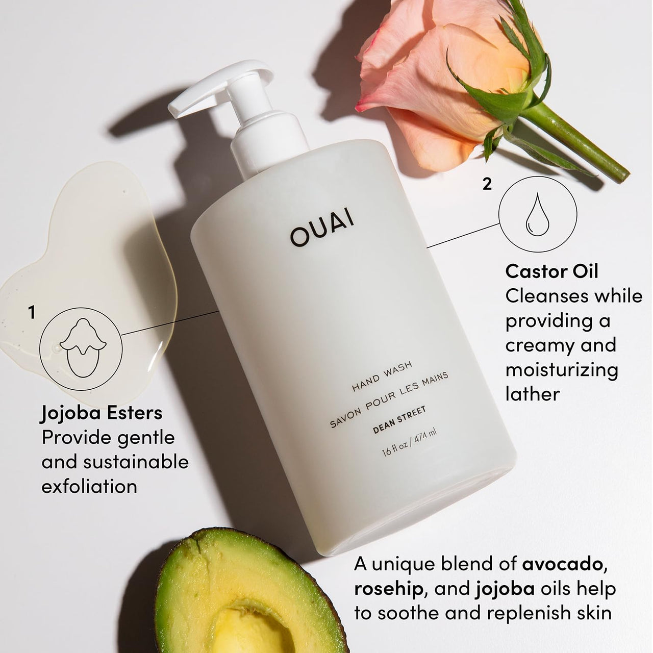 OUAI Hand Wash Full Size - Liquid Hand Soap with Jojoba, Avocado, & Rose Hip Oil for Replenished Skin - Gentle Exfoliating Bathroom + Kitchen Hand Soap - (2 Pack, 16 Fl Oz Each)