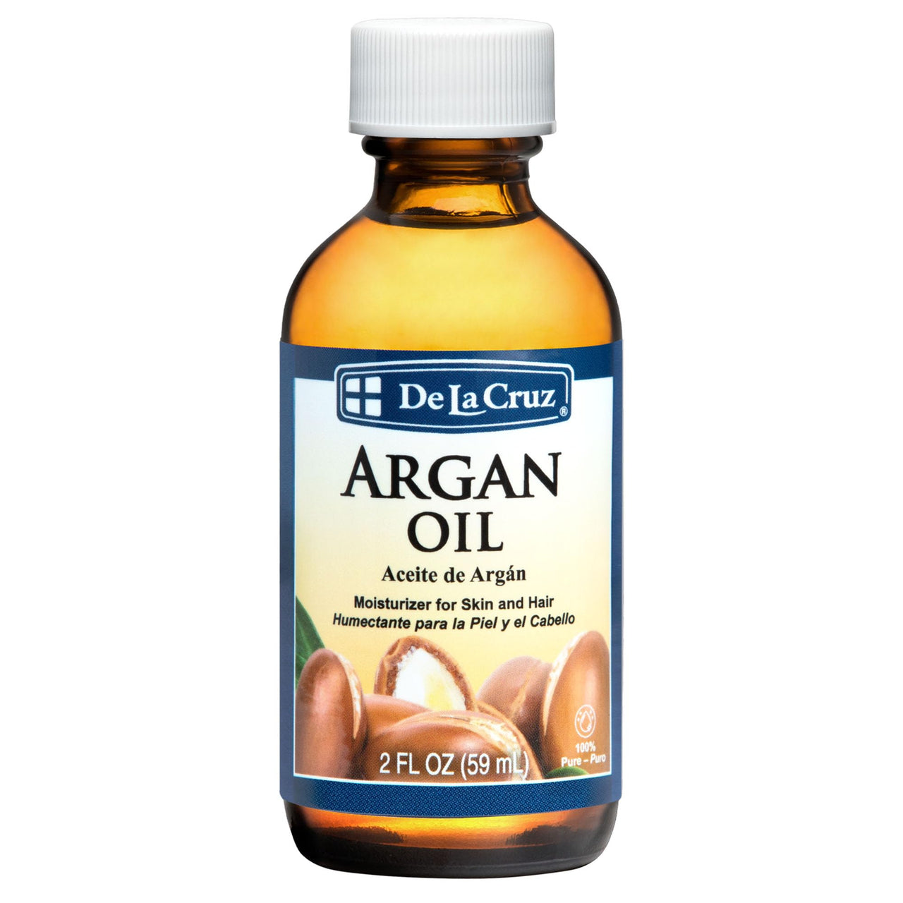 De La Cruz 100% Argan Oil of Morocco, Glass Bottle, Unscented - Pure Cold-Pressed Virgin Moroccan Argan Oil for Hair and Skin - 2 FL OZ