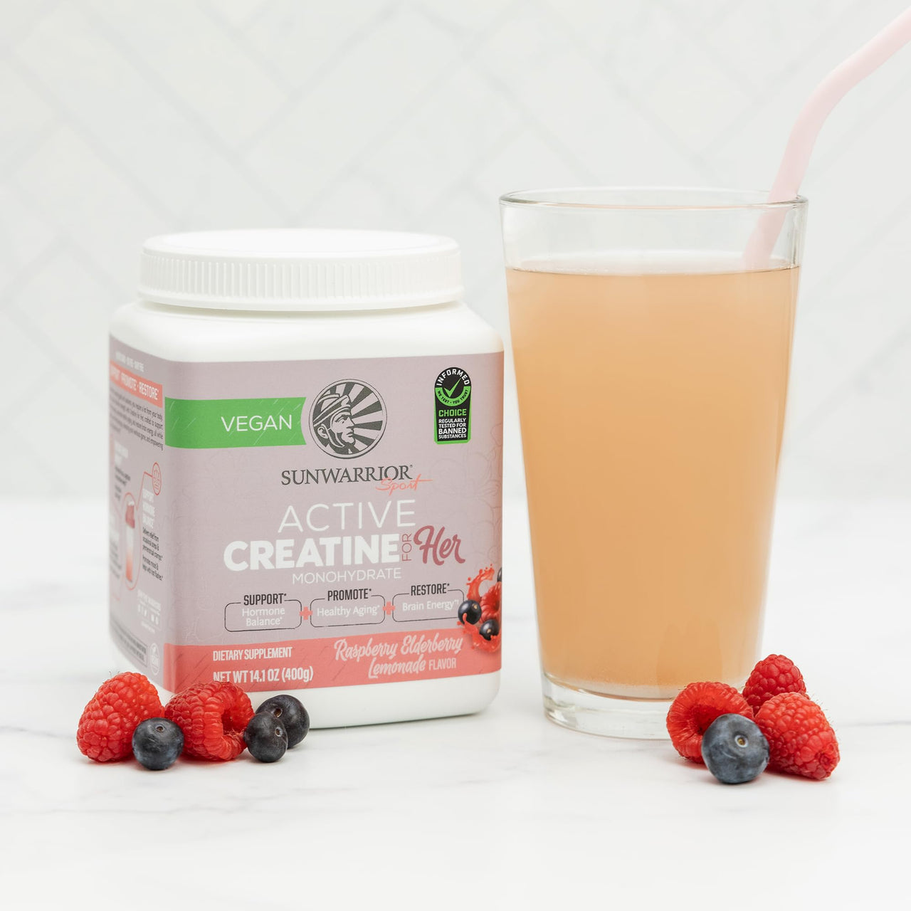 Sunwarrior Creatine for Women Monohydrate Powder Micronized Pre Workout Recovery Supplement Support Muscle Building Strength Training Cognition | Vegan and Easily Mixes 50 Servings, Raspberry Lemonade