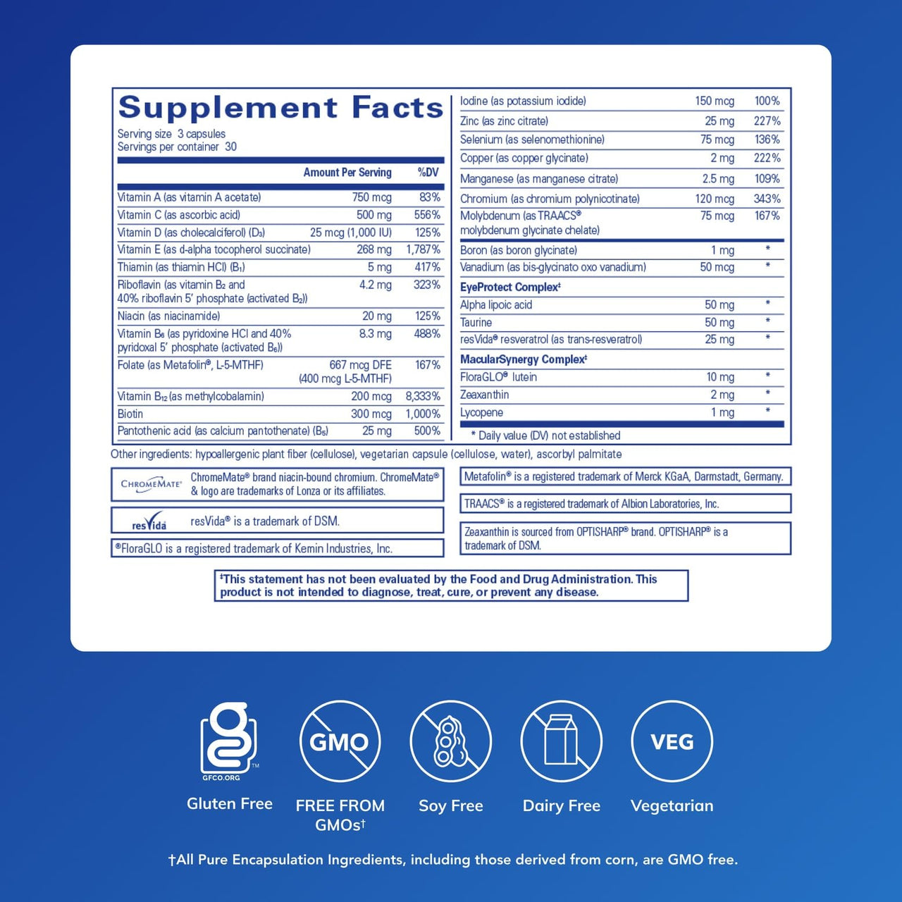 Pure Encapsulations VisionPro Nutrients | Hypoallergenic Multivitamin/Mineral Complex for Maintaining Healthy Vision* | 90 Capsules