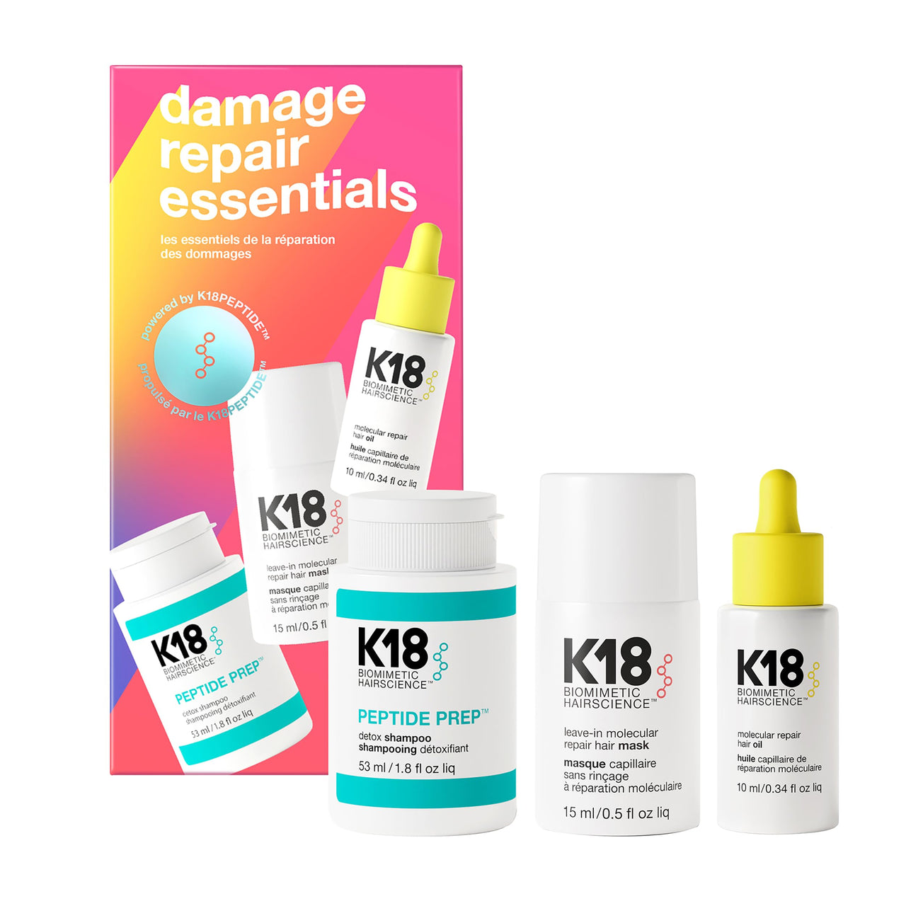 K18 Damage Repair Essentials Kit, Travel-Friendly Trio Featuring Mini Hair Mask, Mini Hair Oil & Mini Detox Shampoo