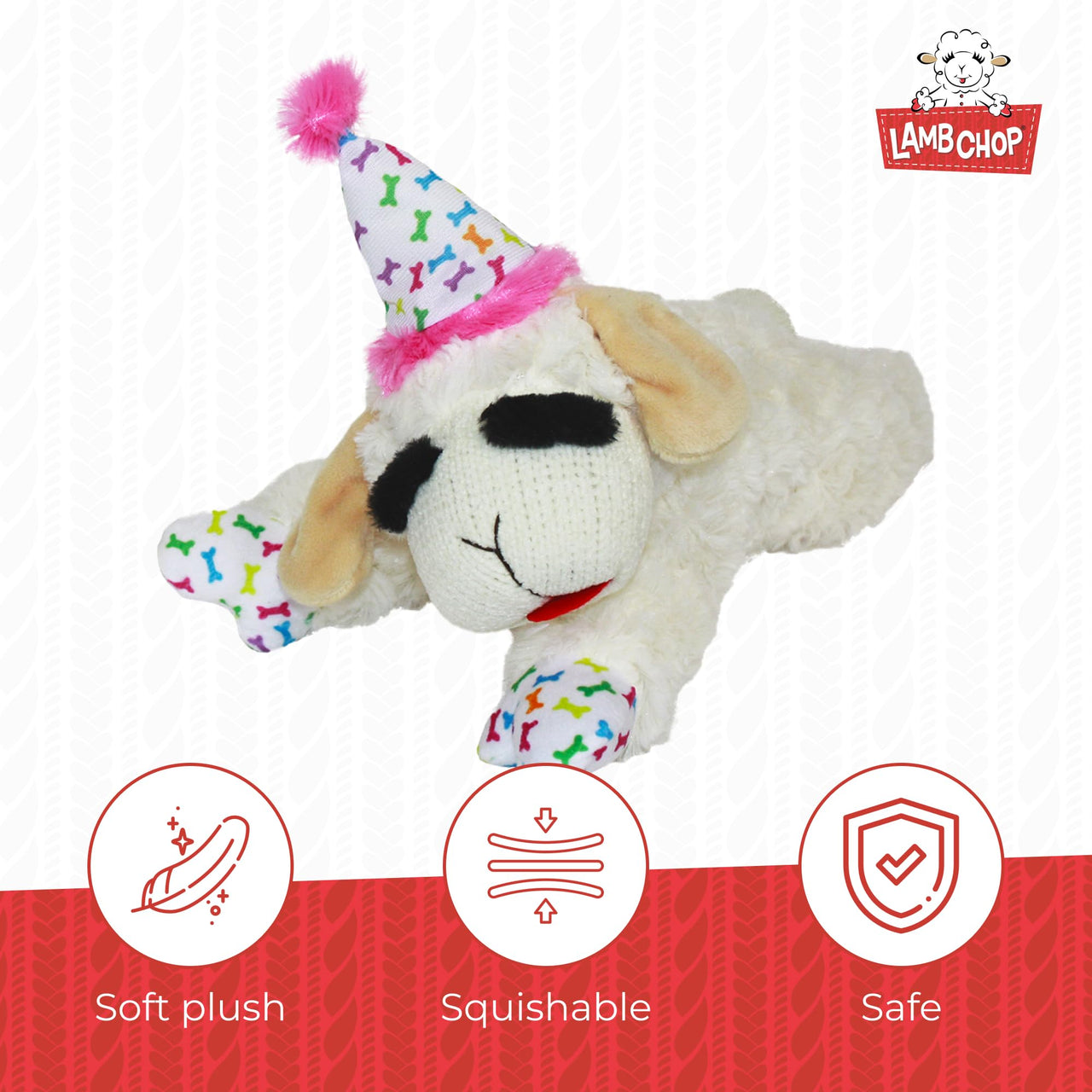 Multipet Lamb Chop Dog Plush Toy w/Birthday Hat - Squeaky Toy for All Dogs - Soft Plush - Stuffed Animal Dog Toys for Playing - Cute Birthday Toy (10.5”, Pink Hat, 5 Squeakers)