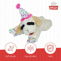 Thumbnail for Multipet Lamb Chop Dog Plush Toy w/Birthday Hat - Squeaky Toy for All Dogs - Soft Plush - Stuffed Animal Dog Toys for Playing - Cute Birthday Toy (10.5”, Pink Hat, 5 Squeakers)